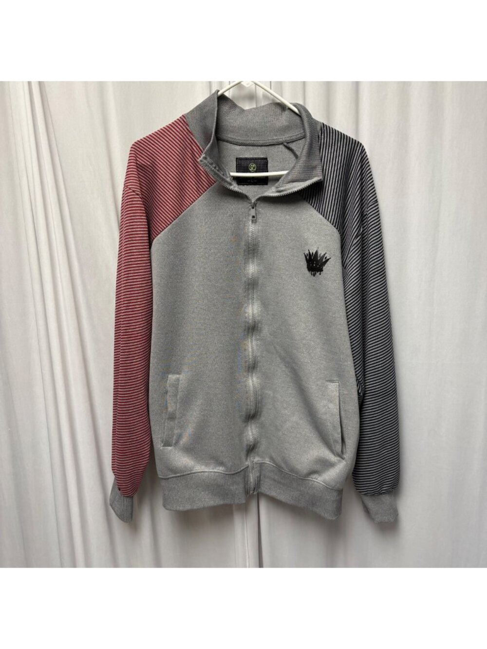 Sacred Crown Zippered Jacket Mens Large Gray Red Black Striped Sleeve Streetwear